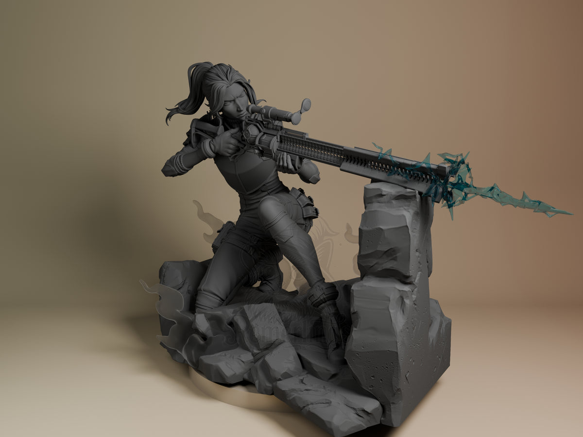 Caitlyn from Arcane 3D printed resin figure in unpainted gray, shown from front angle aiming rifle with scope, positioned on rocky base.