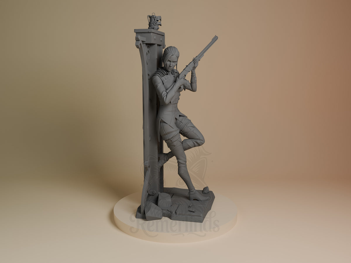 Front view of Caitlyn from Arcane, an unpainted resin figure aiming a rifle on a sculpted base.