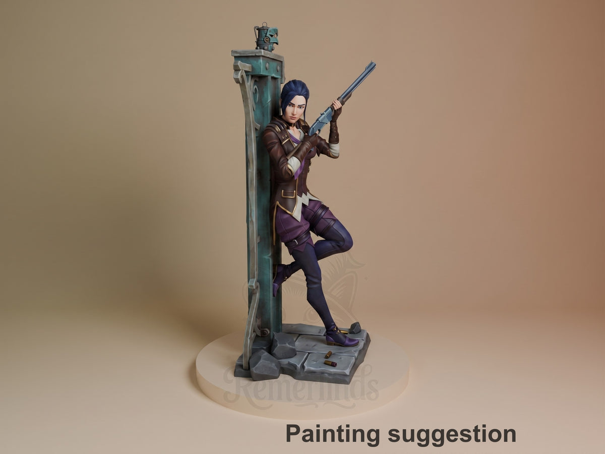 Painted Caitlyn from Arcane resin figure poses with a raised rifle on a sculpted base.