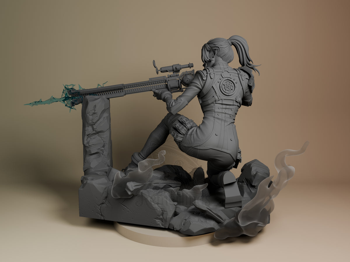 Caitlyn from Arcane 3D printed resin figure shown from left side, kneeling with rifle raised, unpainted gray with detailed base and smoke effects.
