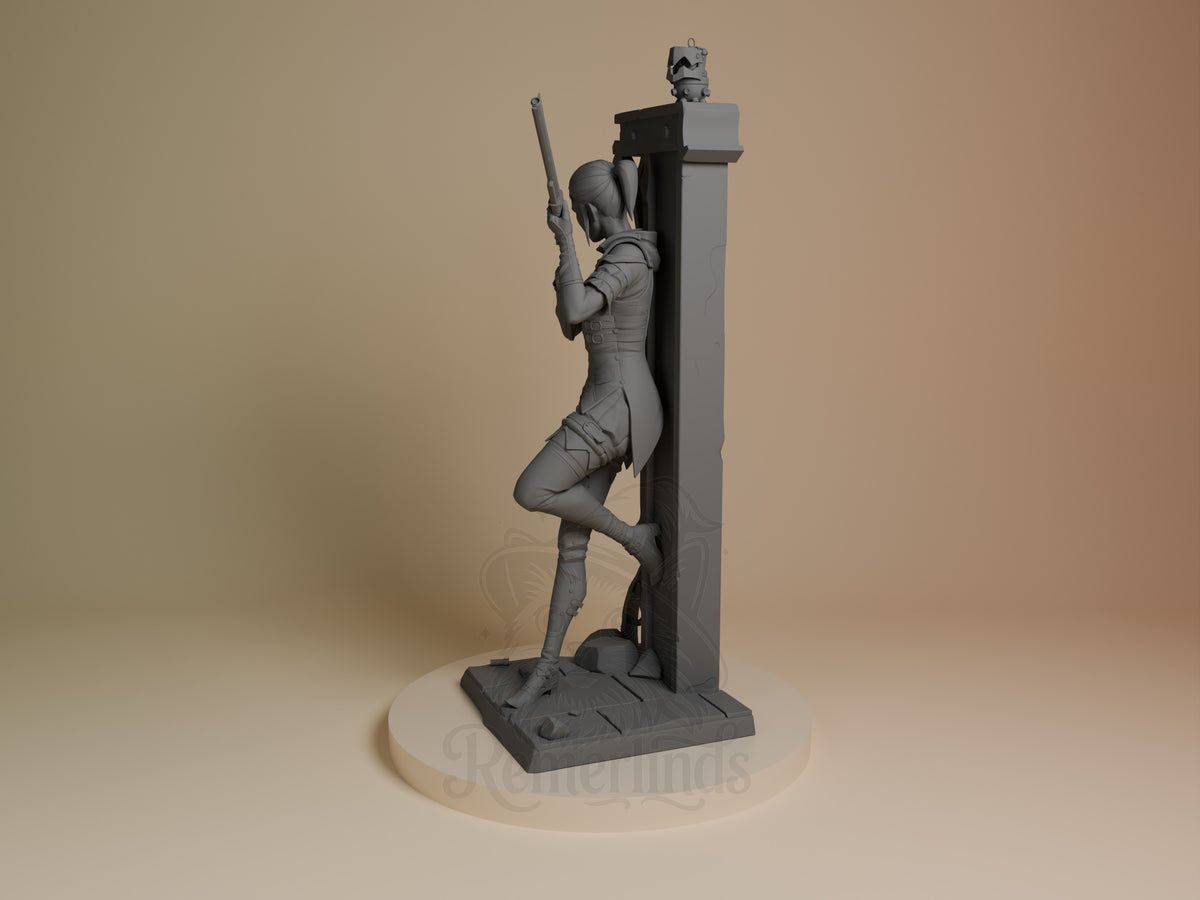Side view of Caitlyn from Arcane, an unpainted resin figure kneeling with rifle on a sculpted base.