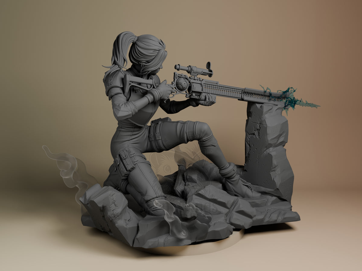 Caitlyn from Arcane 3D printed resin figure in unpainted gray, posed kneeling with rifle aimed right, rocky base with teal accent details visible.