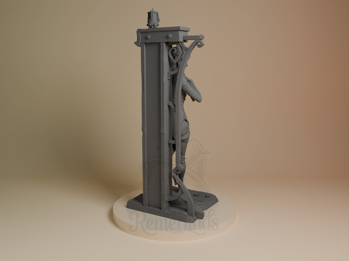Caitlyn from Arcane is shown from the right as an unpainted resin figure, partly hidden by a tall prop on a sculpted base.