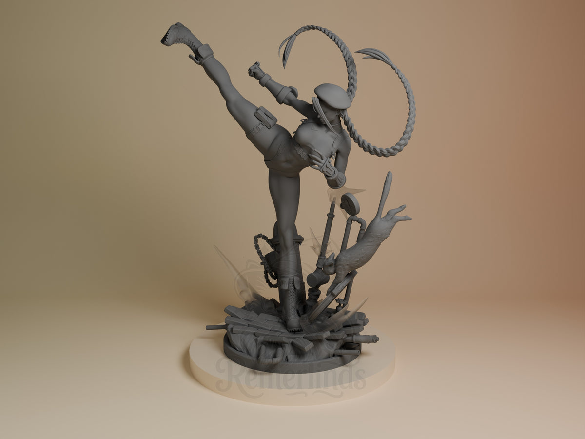Cammy resin figure in dynamic pose with lasso raised, one leg extended, mounted on debris base, unpainted gray resin, angled view.