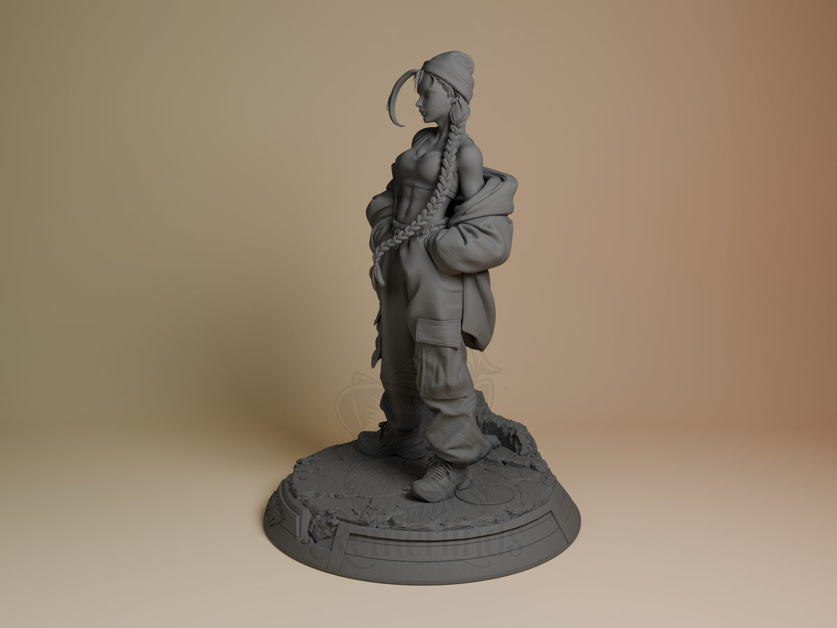 Cammy Street Fighter resin figure shown at angle, displaying braided hair, beanie, tactical outfit, and detailed base, unpainted gray resin by CA3D Studios.