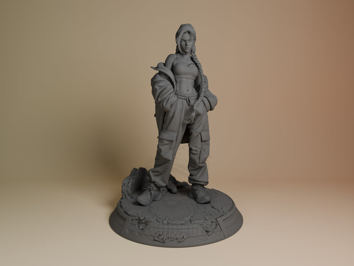 Cammy from Street Fighter unpainted resin figure shown from front, standing in tactical pose on textured base, wearing cargo pants and jacket.