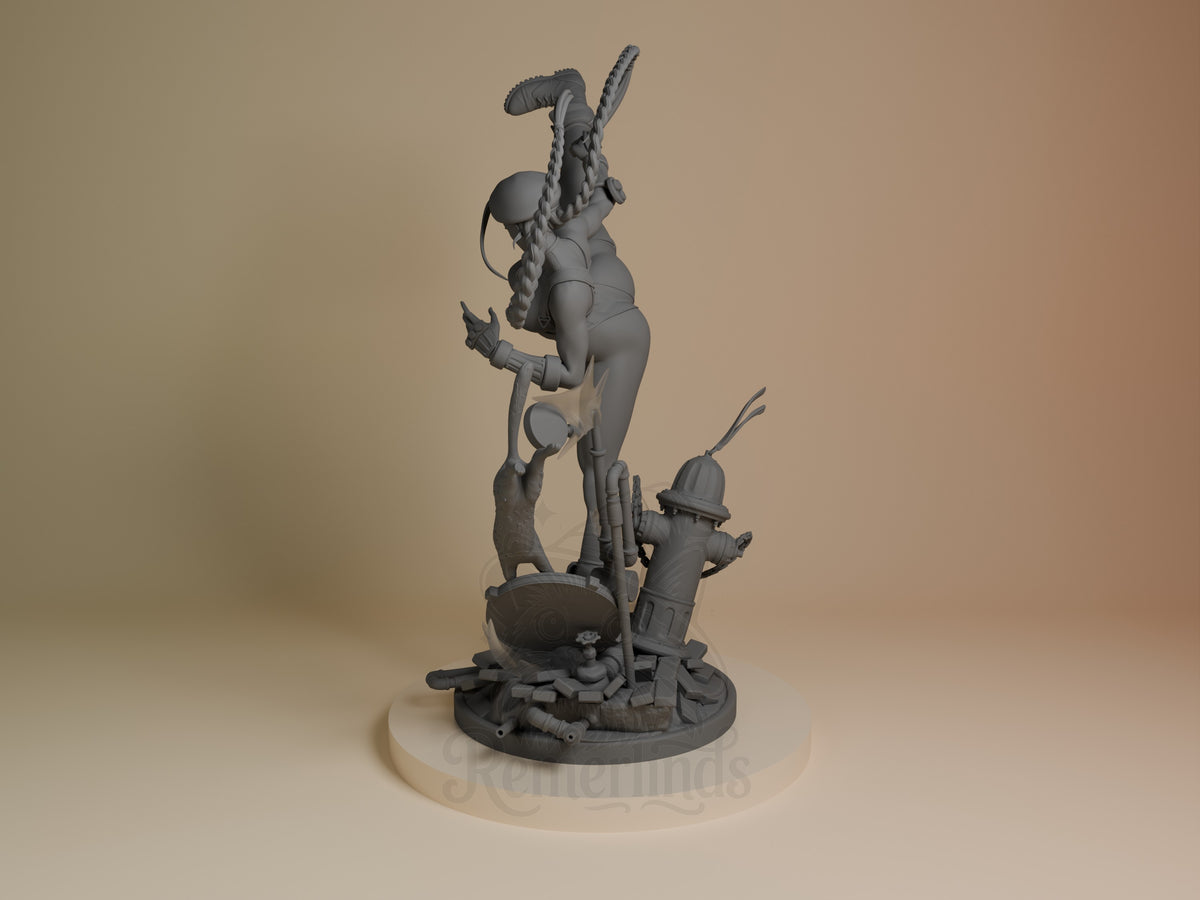 Cammy resin figure from Street Fighter shown from left side, unpainted gray, dynamic pose on round base with detailed base scenery.