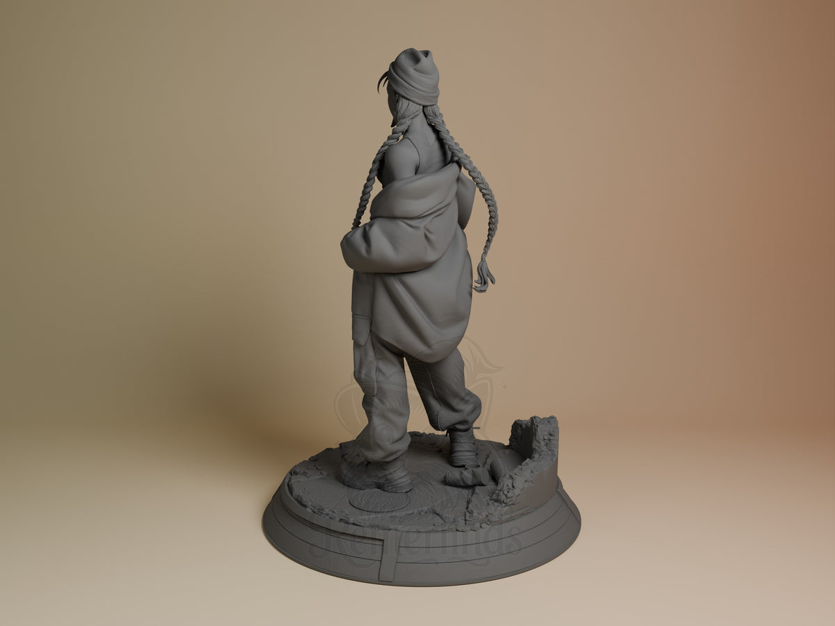 Cammy resin figure from Street Fighter shown from rear left angle, unpainted gray with braided hair, standing pose on textured base.
