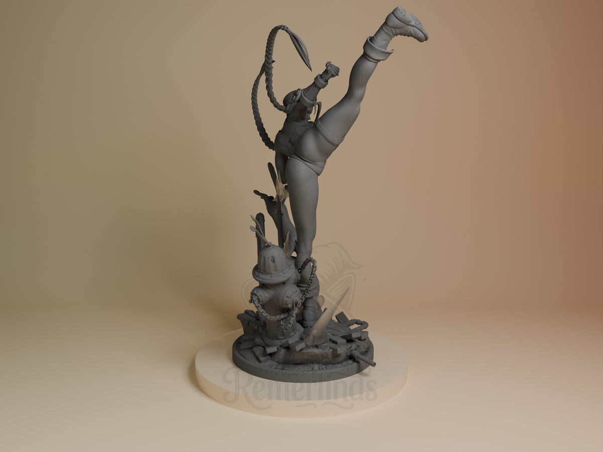 Cammy 3D resin figure in dynamic high kick pose with whip, unpainted gray finish, detailed base, shot from right angle.