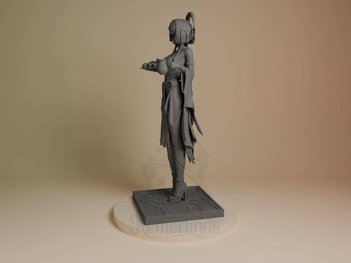 Candace from Genshin Impact is an angled, unpainted resin figure holding a tray on a square base.