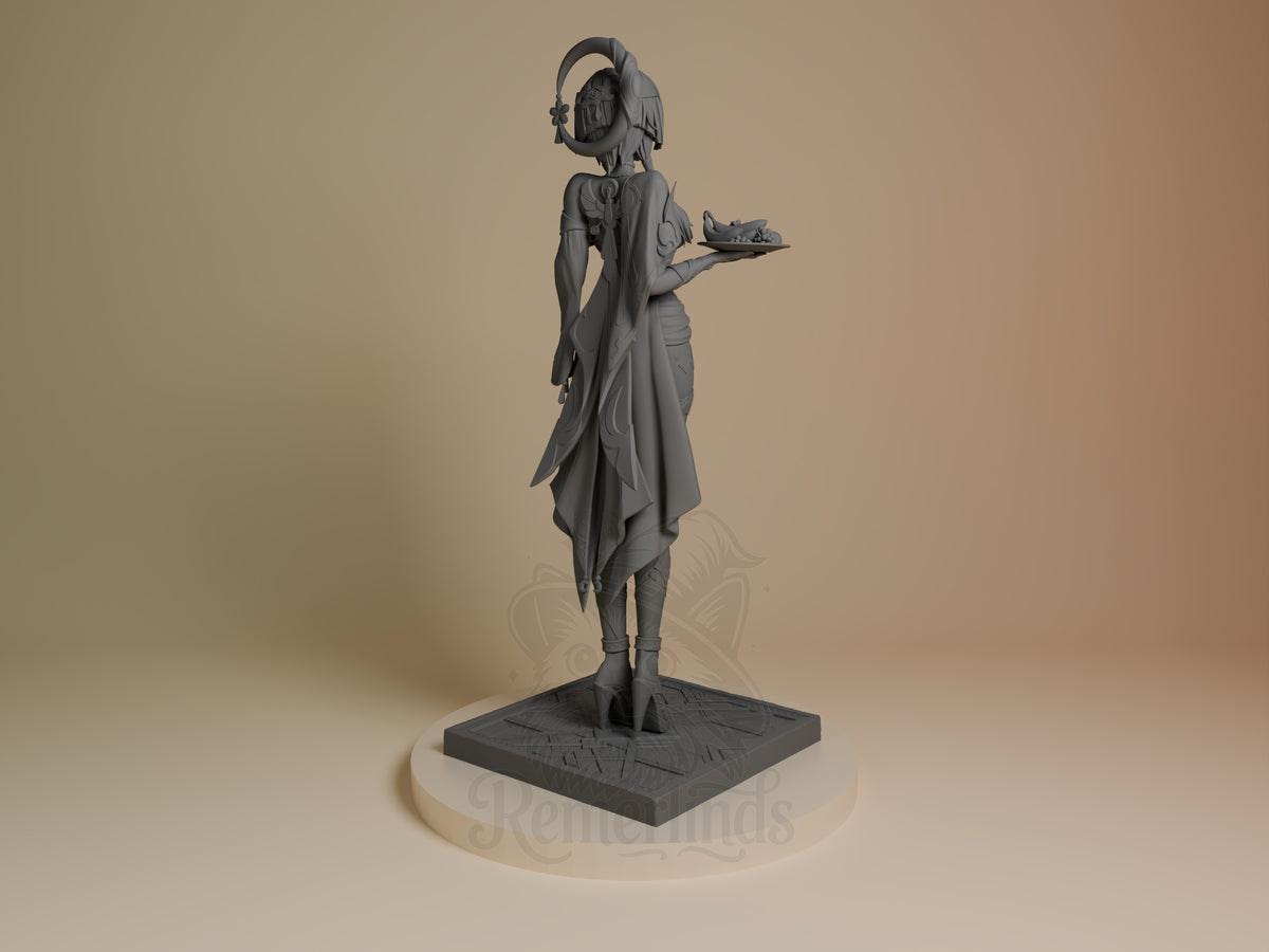 Unpainted back view of Candace from Genshin Impact resin figure holding a tray on a square base.