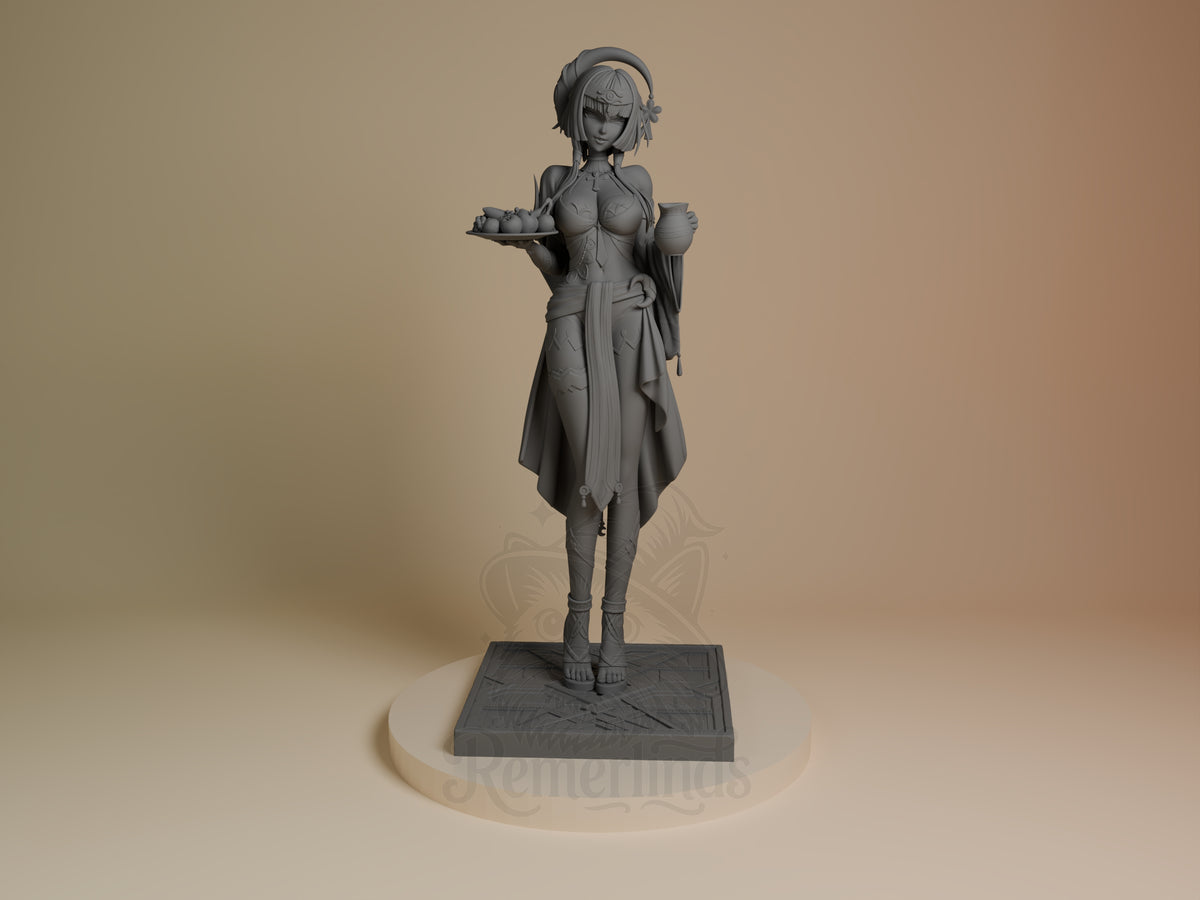 Front view of unpainted Candace from Genshin Impact, a resin figure holding a tray and pitcher on a sculpted base.