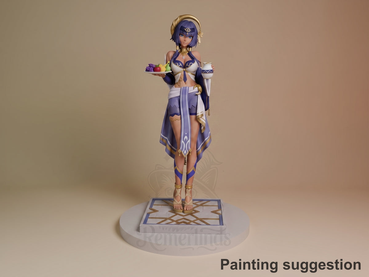 Painted Candace from Genshin Impact resin figure stands front-facing with fruit and jug on a sculpted base.