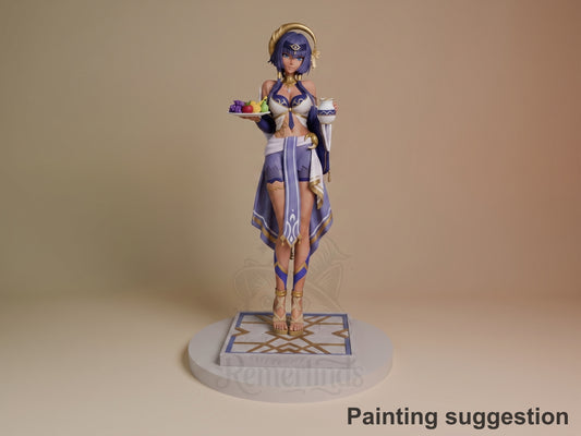 Candace from Genshin Impact resin figure standing on geometric base, holding fruit plate, wearing purple and gold outfit, fully painted with detailed base design.