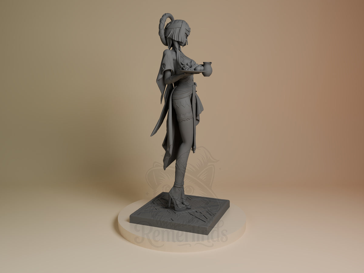 Candace from Genshin Impact is an unpainted resin figure in profile, holding a tray on a sculpted base.
