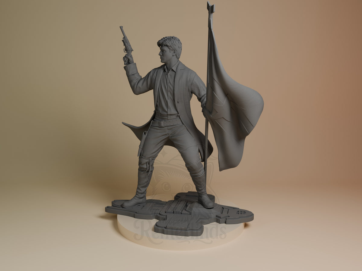 Captain Raines from Frontier Firecrew is an unpainted resin figure shown from an angle, holding a gun with a cape on a base.