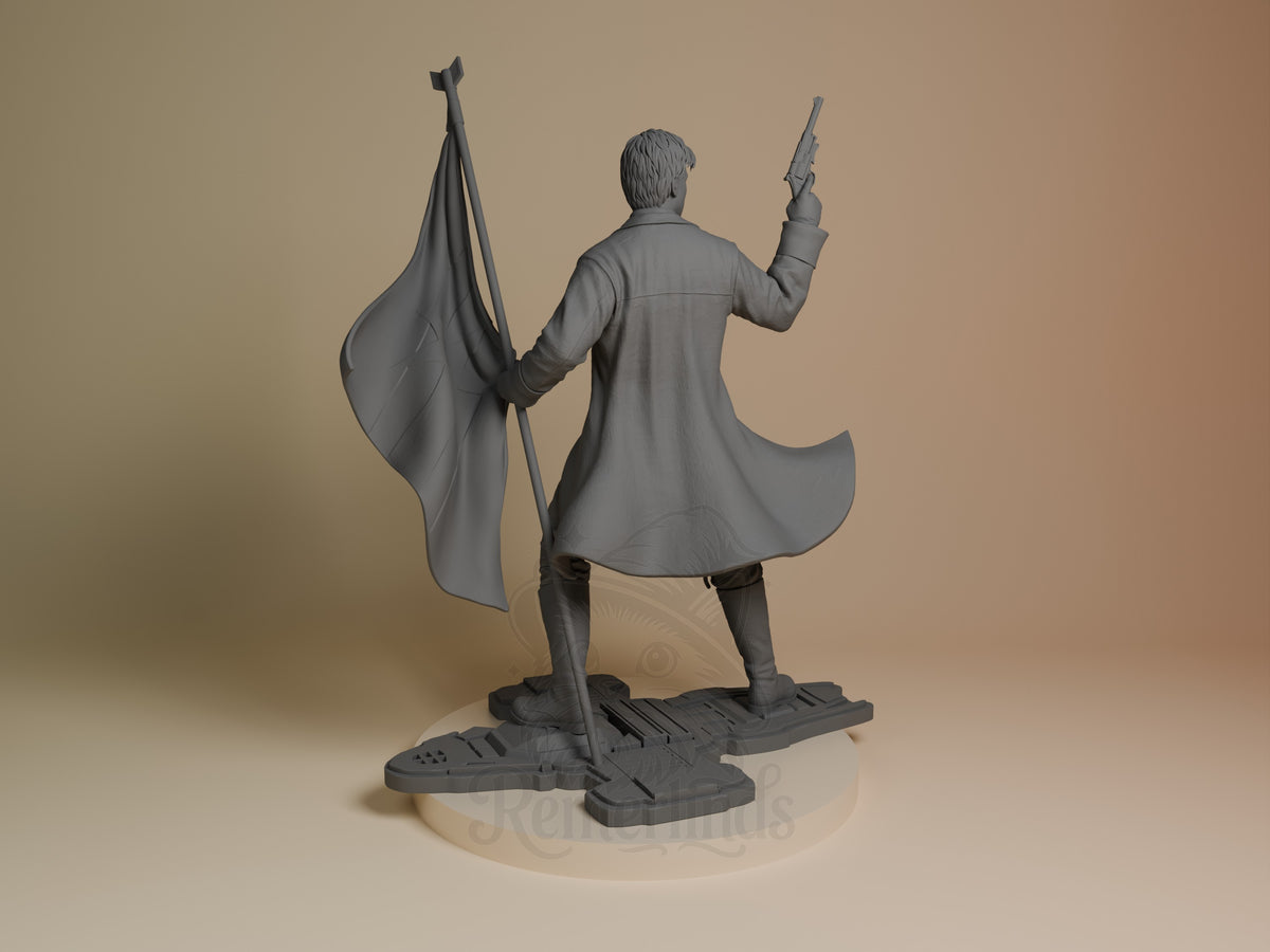 Captain Raines from Frontier Firecrew, unpainted resin figure viewed from behind with flag, pistol, and sculpted base.