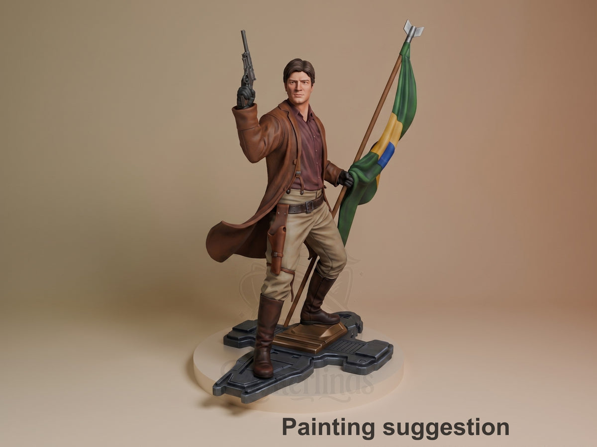 Painted Captain Raines resin figure from Frontier Firecrew stands with pistol raised, flag in hand, and boots on a sculpted,.