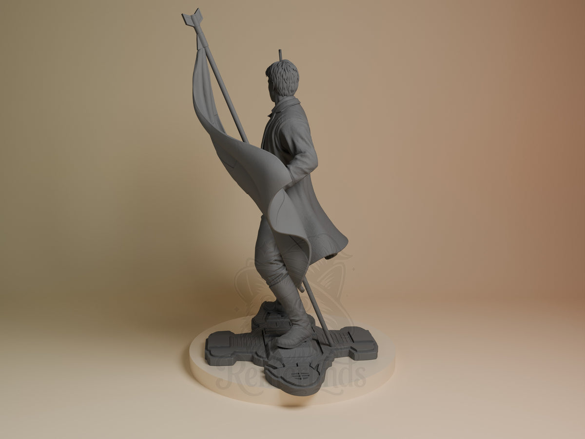 Captain Raines from Frontier Firecrew resin figure shown from the rear-left, unpainted with flag and sculpted base.