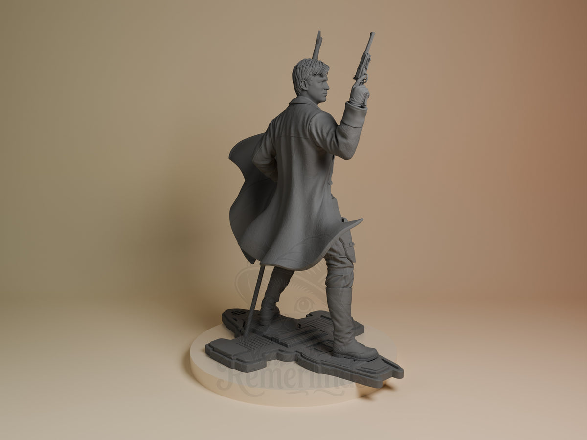 Captain Raines from Frontier Firecrew stands, an unpainted resin figure on a sculpted base, rear-right.