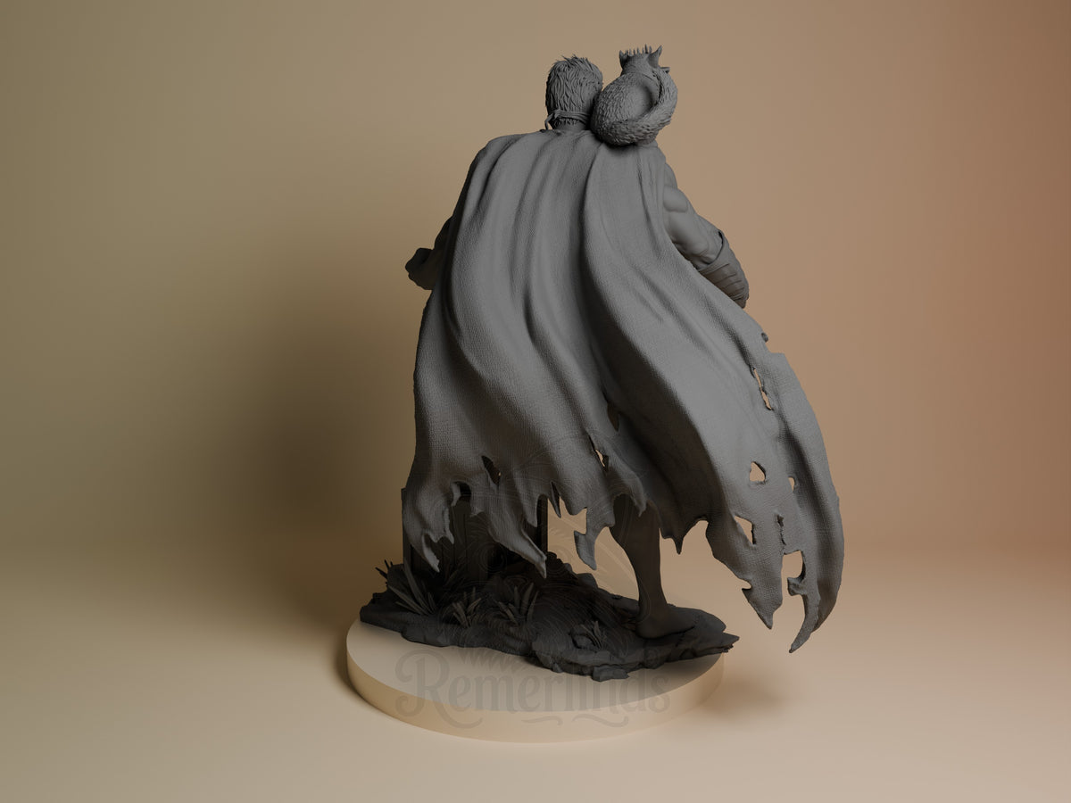 Back of Carl from Dungeon Crawler Carl, unpainted resin figure with cape and sculpted base.
