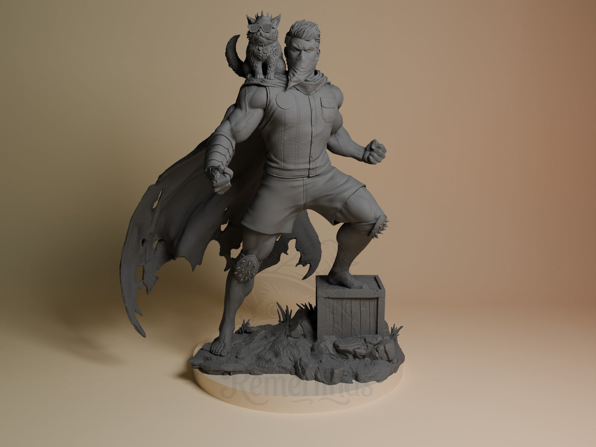 Front view of Carl from Dungeon Crawler Carl, an unpainted resin figure with cat companion, cape, and sculpted rubble base.