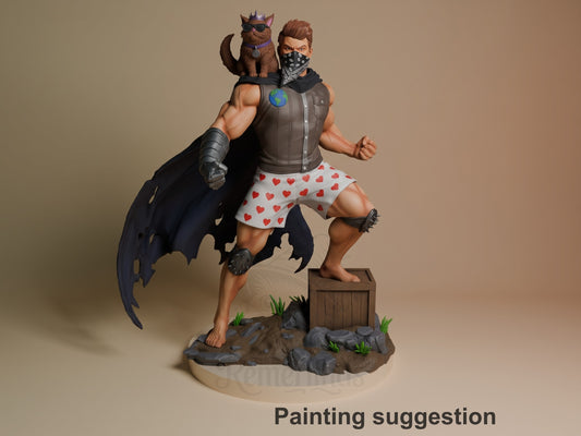 Painted resin figure of Carl from Dungeon Crawler Carl lunges on a base, with cat and crate.