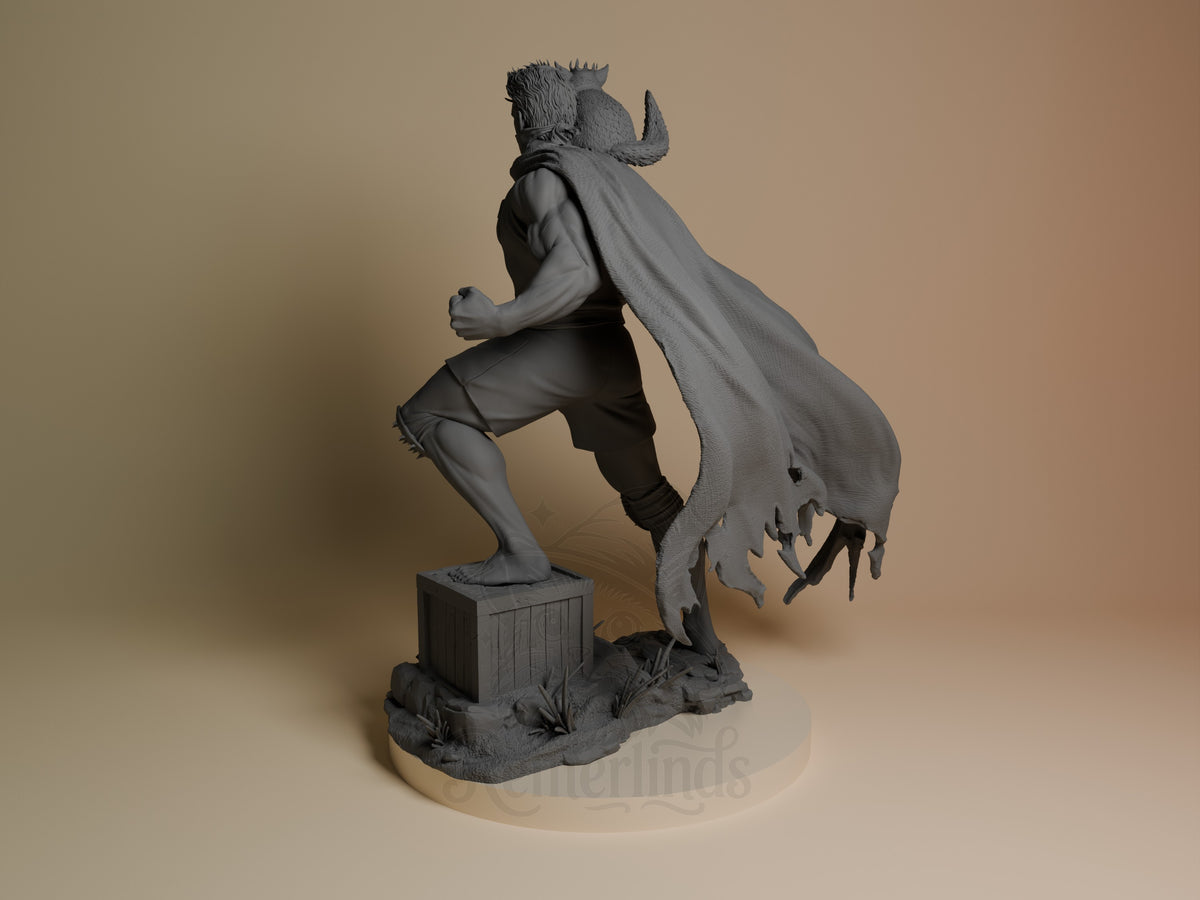 Left view shows Carl from Dungeon Crawler Carl, unpainted resin figure with cape and sculpted base.