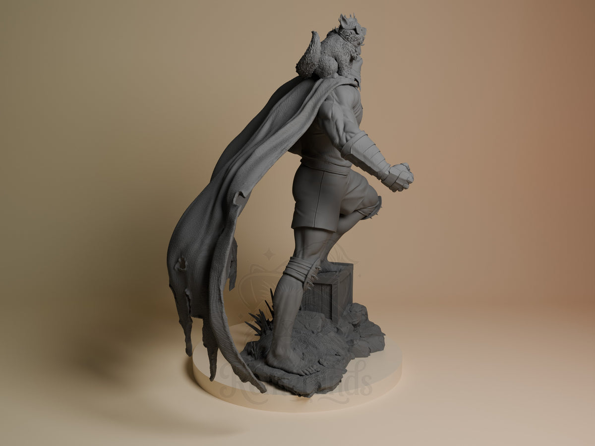 Carl from Dungeon Crawler Carl is an unpainted resin figure kneeling rightward with a cape on a sculpted base.