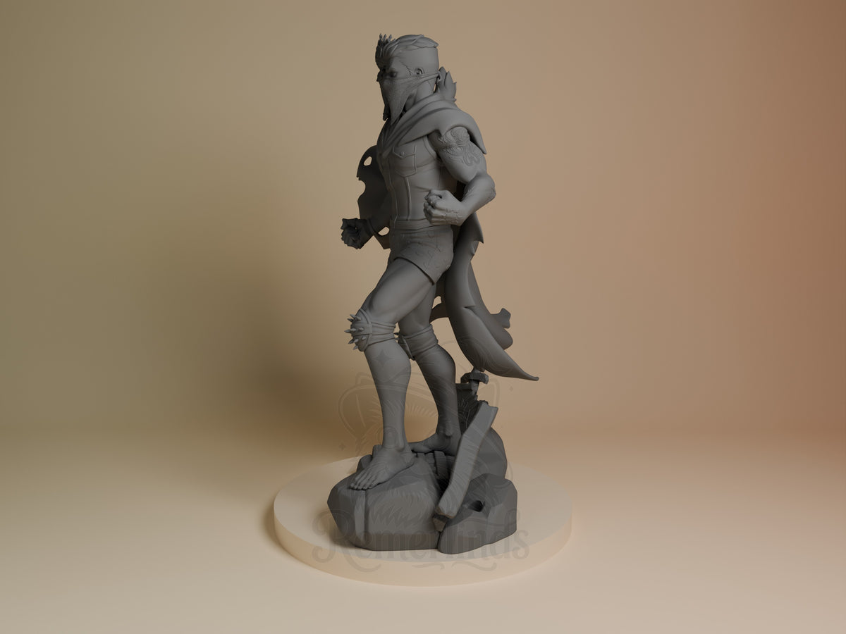 Angled view of Carl and Princess Donut from Dungeon Crawler Carl, an unpainted resin figure on a sculpted base.