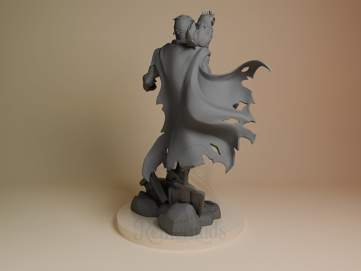 Back view of Carl and Princess Donut resin figure from Dungeon Crawler Carl, unpainted on base.