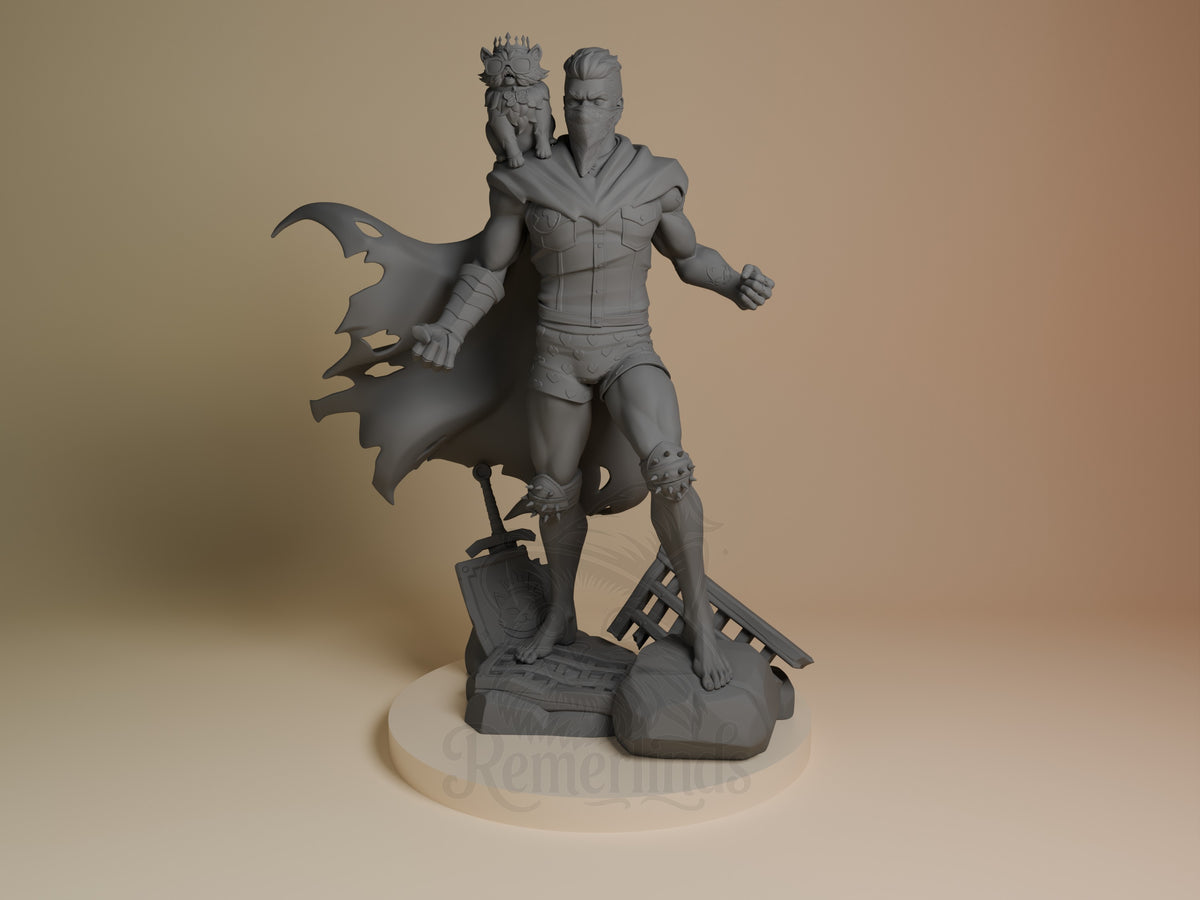 Front-view Carl and Princess Donut from Dungeon Crawler Carl are an unpainted resin figure on a sculpted base.