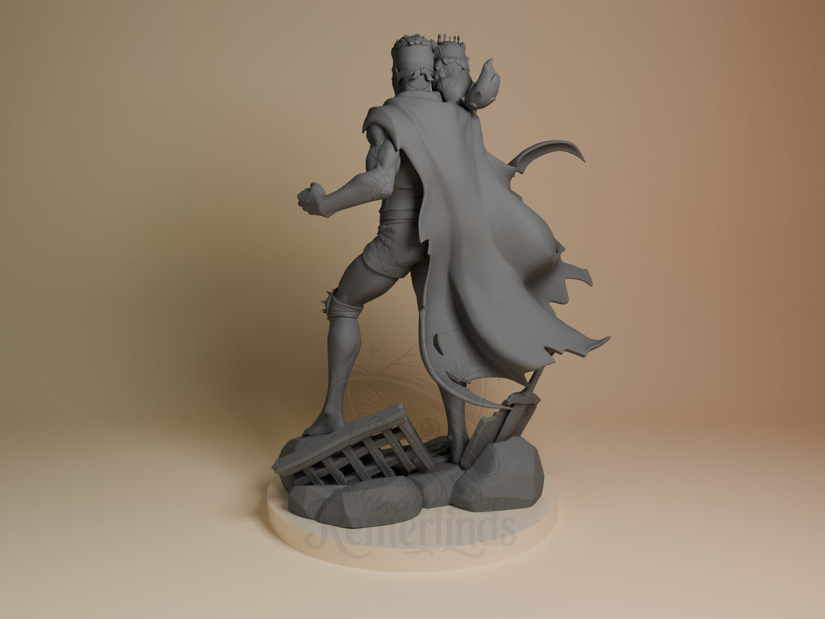 Unpainted Carl and Princess Donut resin figure from Dungeon Crawler Carl, rear view, bridge base.