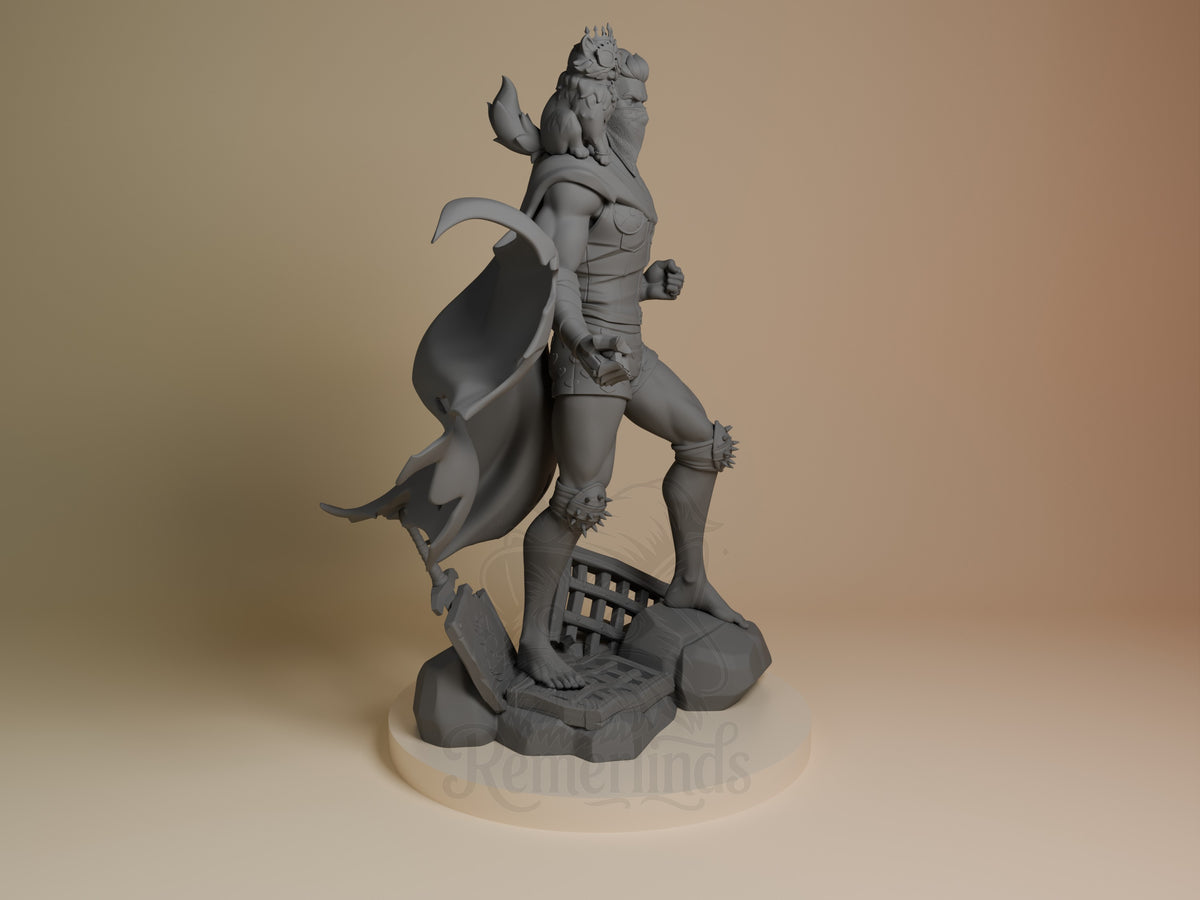 Carl and Princess Donut from Dungeon Crawler Carl resin figure, unpainted right view, Carl standing, Donut atop a sculpted.‌?