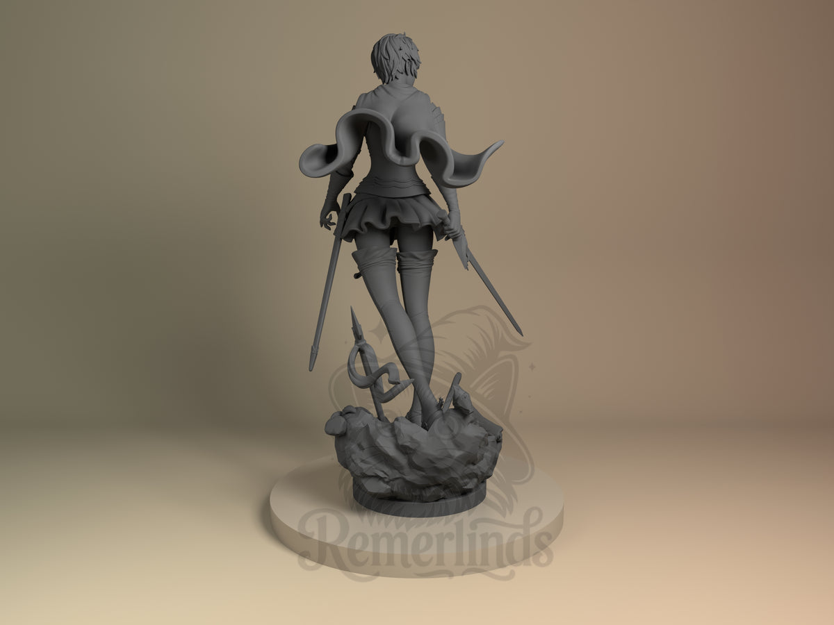 Back view of Casca from Berserk, an unpainted resin figure with crossed legs and swords on a sculpted rubble base.