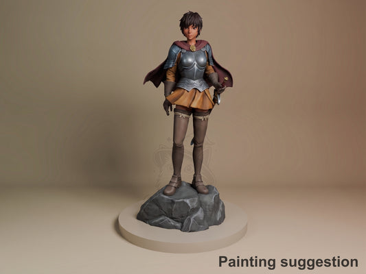 Casca resin figure from Berserk, fully painted and posed standing on rocky base, wearing armor and cape, displayed against neutral background.