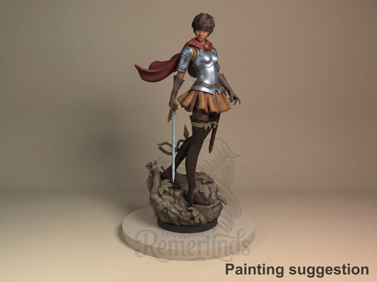 Three-quarter painted Casca from Berserk resin figure holds a sword atop a sculpted rocky base.