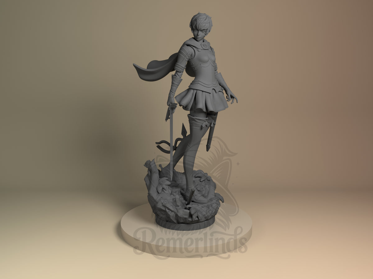 Unpainted Casca from Berserk resin figure shown front-facing with sword and sculpted base.