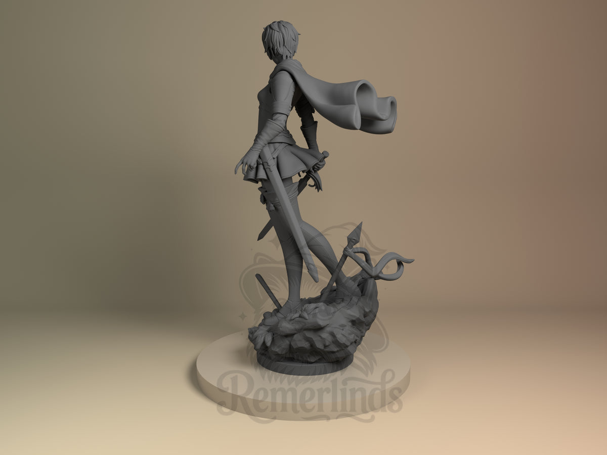 Casca from Berserk stands rear-facing as an unpainted resin figure with cape, sword, and rocky sculpted base.