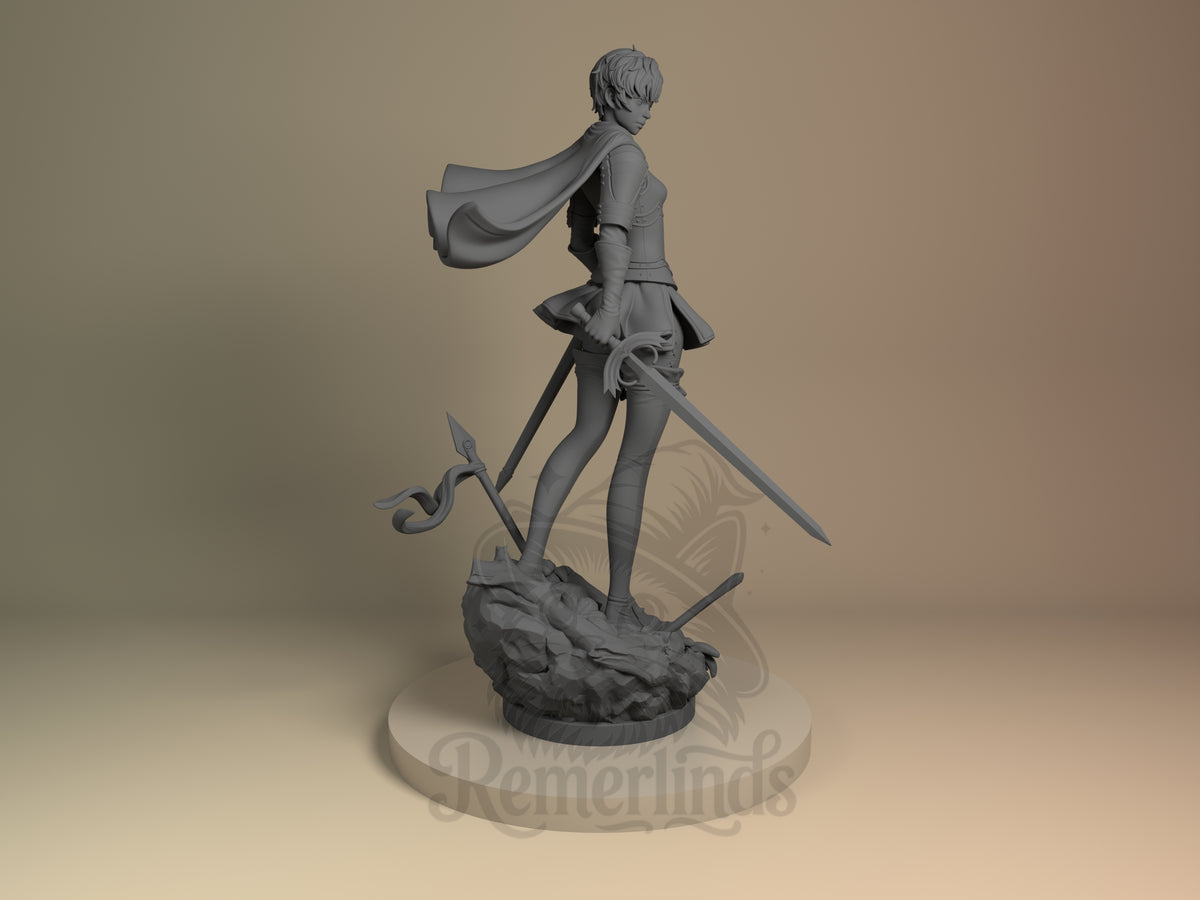 Casca from Berserk stands rear-facing as an unpainted resin figure with sword and sculpted base.