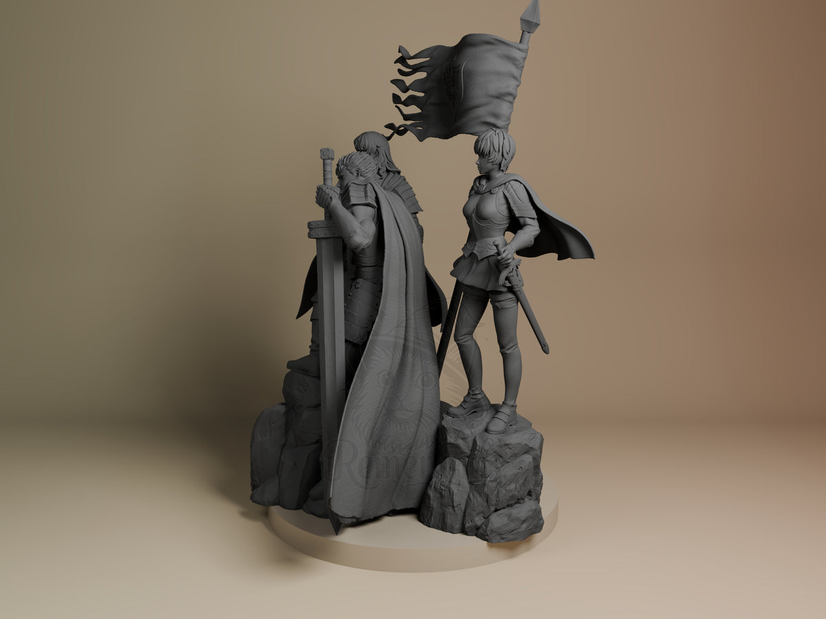 Angled unpainted resin diorama of Casca, Griffith and Guts from Berserk on rocks.