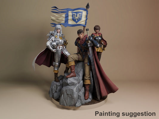 Casca, Griffith and Guts from Berserk painted resin diorama displayed on rocky base with blue and white faction banner overhead.