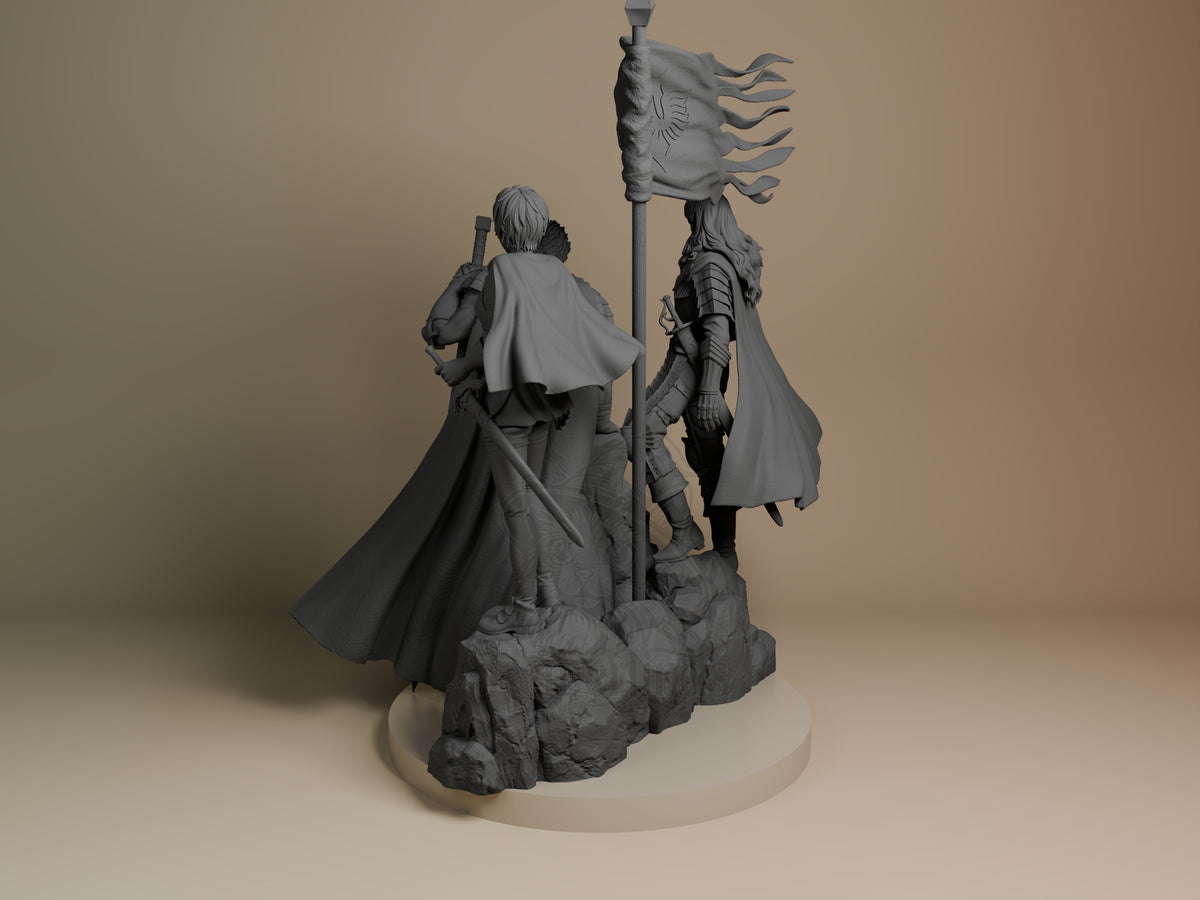 Unpainted Casca, Griffith and Guts from Berserk face away on a rocky base with a flag in a resin diorama.