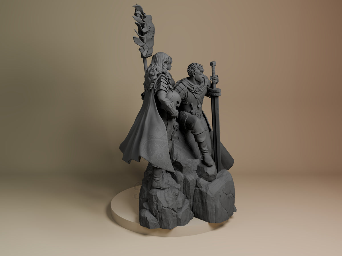 Unpainted Casca, Griffith and Guts from Berserk form a resin diorama on a rocky base.
