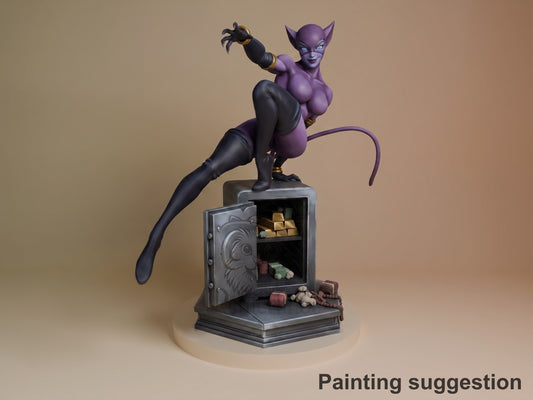 Purple cat-suited figure posed on safe base filled with gold bars and cash, black tail extended, one claw raised, fully painted resin figure from Batman.