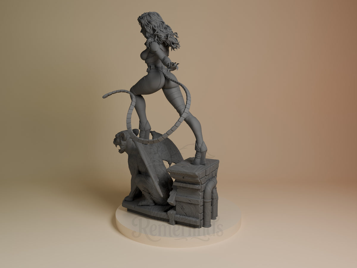 Angled unpainted resin figure shows Night Vigilante & Alley Cat from Batman posed on a sculpted rooftop base.