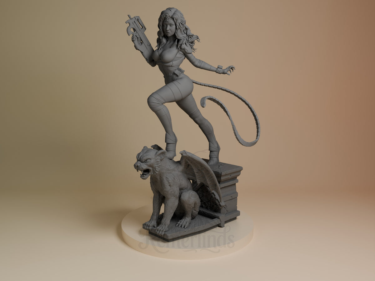 Front view shows Night Vigilante & Alley Cat from Batman, an unpainted resin figure with weapon, cat, and sculpted book base.