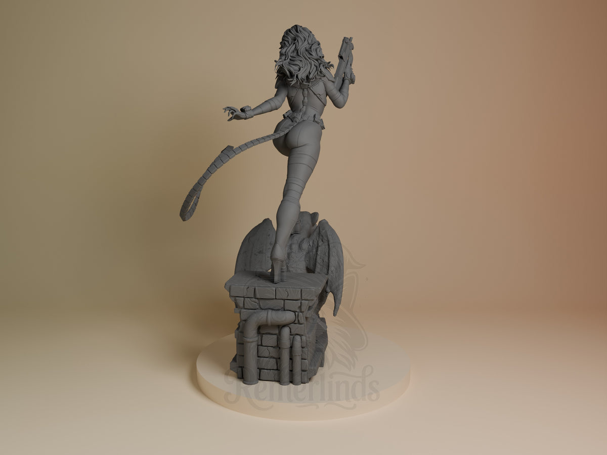 Unpainted Batman Night Vigilante & Alley Cat resin figure, rear view with raised gun on a brick base.