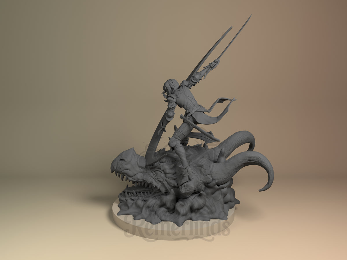 Angled view shows an unpainted resin figure of Cha Hae-In from Solo Leveling, posed with twin swords on a sculpted dragon.