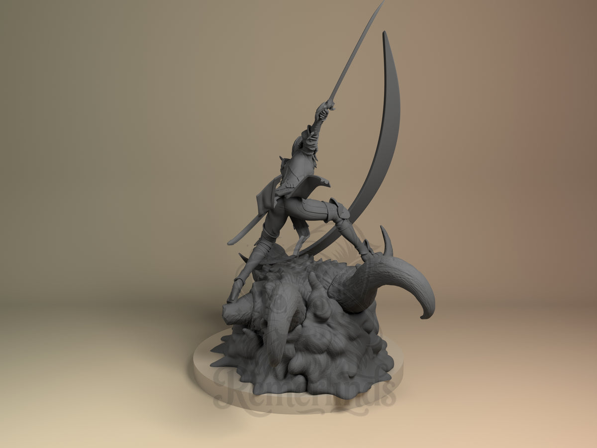 Left view shows unpainted Cha Hae-In from Solo Leveling, resin figure with sword on a sculpted monster base.